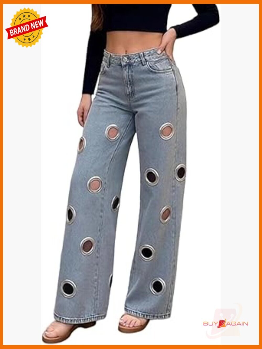 High Rise Wide Leg Jeans with Metal Ring Cut Out Detail